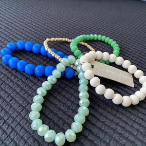 Five Strand Stretch Bracelet in Green, Blue, Gold and Cream